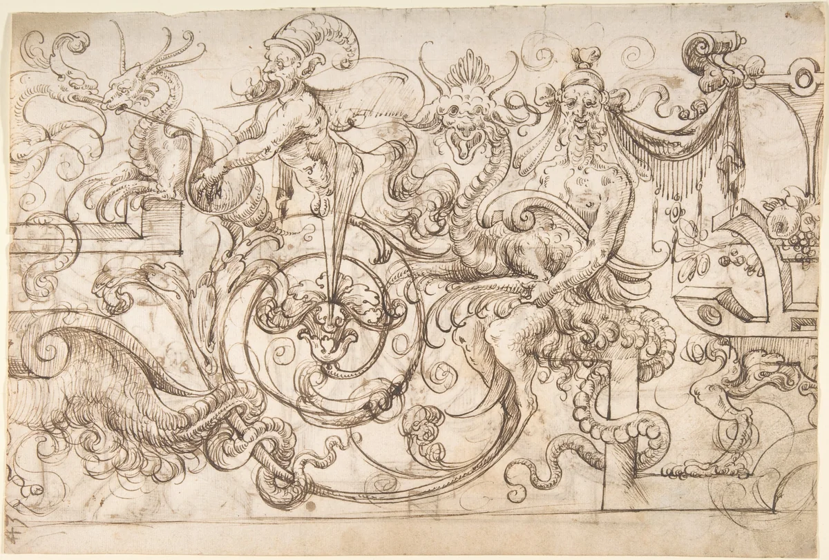 Grotesque panel with satyrs, herms, and strapwork (recto); winged creatures and strapwork (verso) by Andrés de Melgar, drawing, 1540-1550
