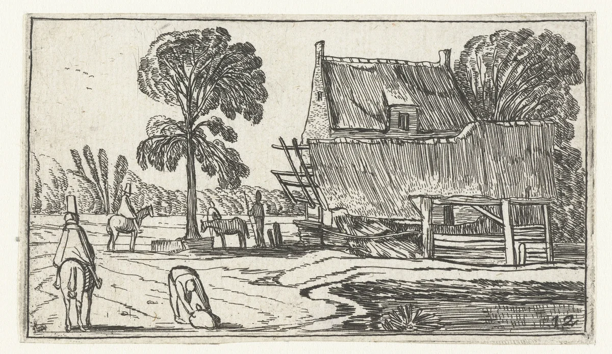 Ruiter op pad langs een boerderij by anonymous, print, 1610-1617