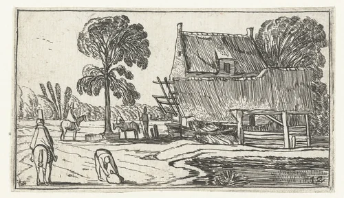 Ruiter op pad langs een boerderij by anonymous, print, 1610-1617