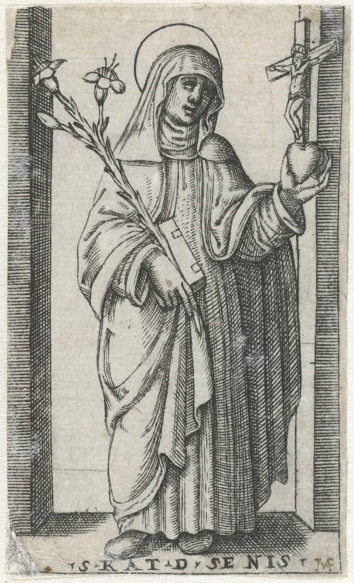 Heilige Catharina van Siena met crucifix en lelie by anonymous, print, 1500-1575