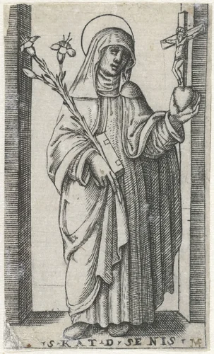 Heilige Catharina van Siena met crucifix en lelie by anonymous, print, 1500-1575