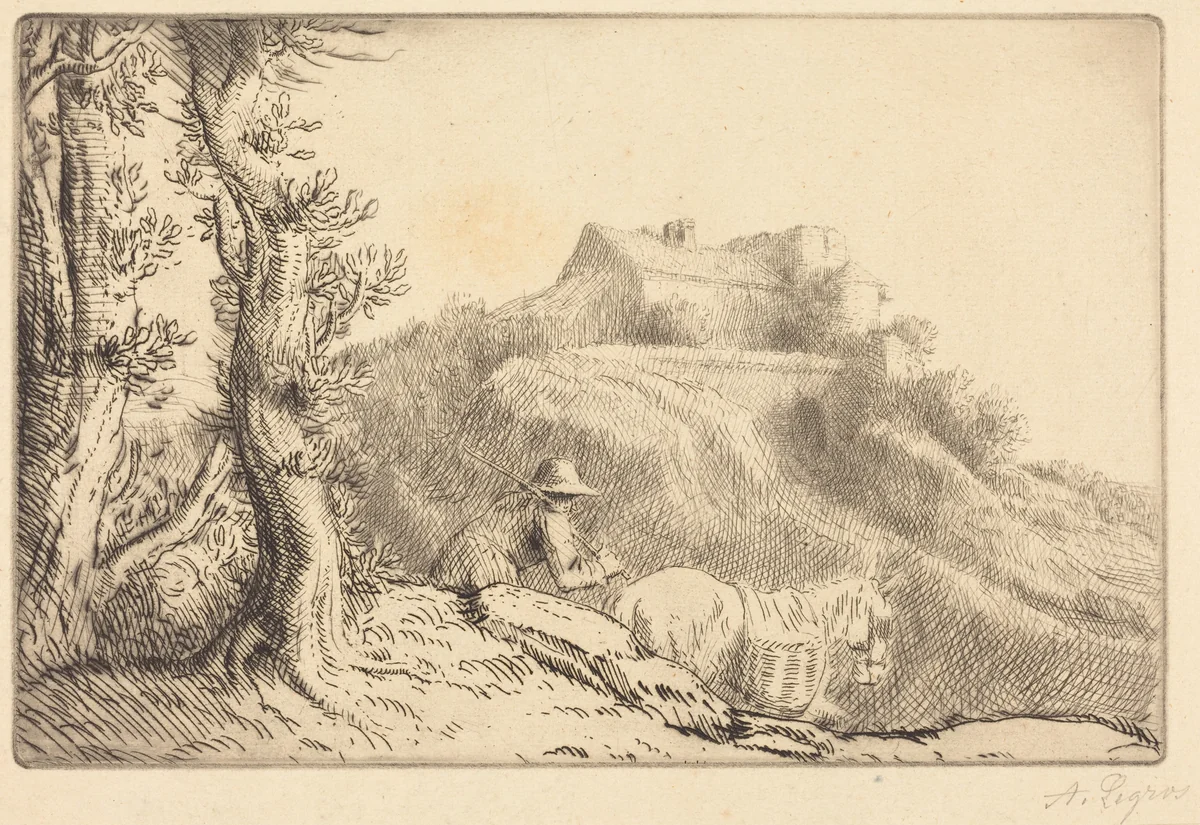 Farm on a Hill (La ferme sur la colline) by Alphonse Legros, print, 1837-1911
