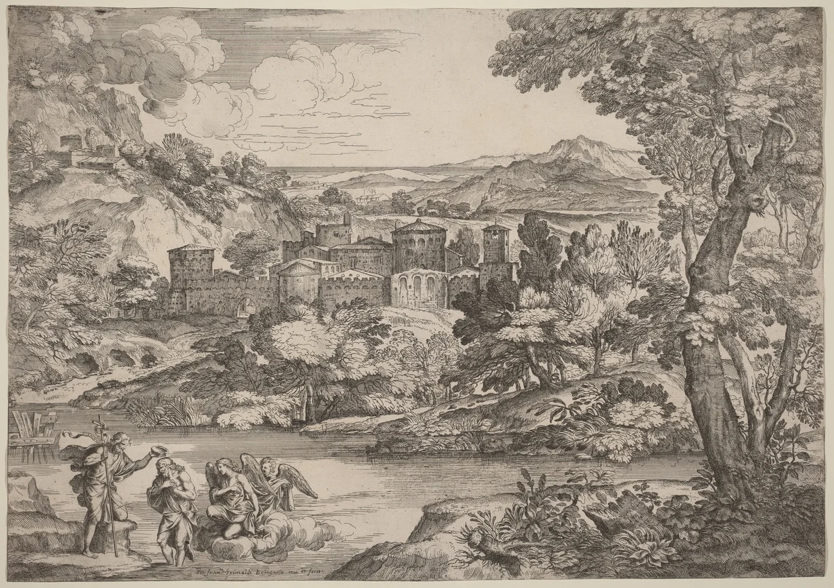 The Baptism of Christ, Set in a Mountainous Landscape by Giovanni Francesco Grimaldi, print, 1606-1680