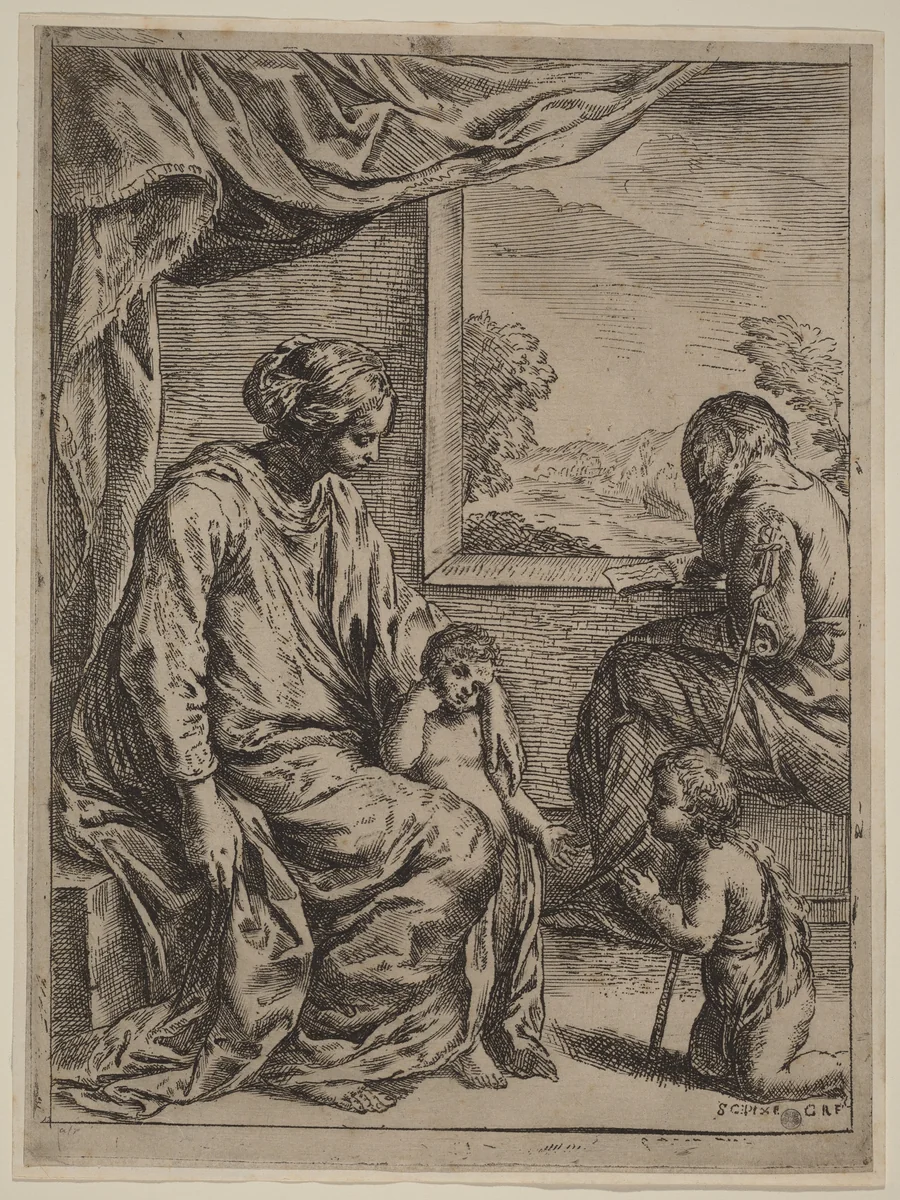 The Holy Family with Saint John the Baptist by Cesare Roberti, print, 1640-1649