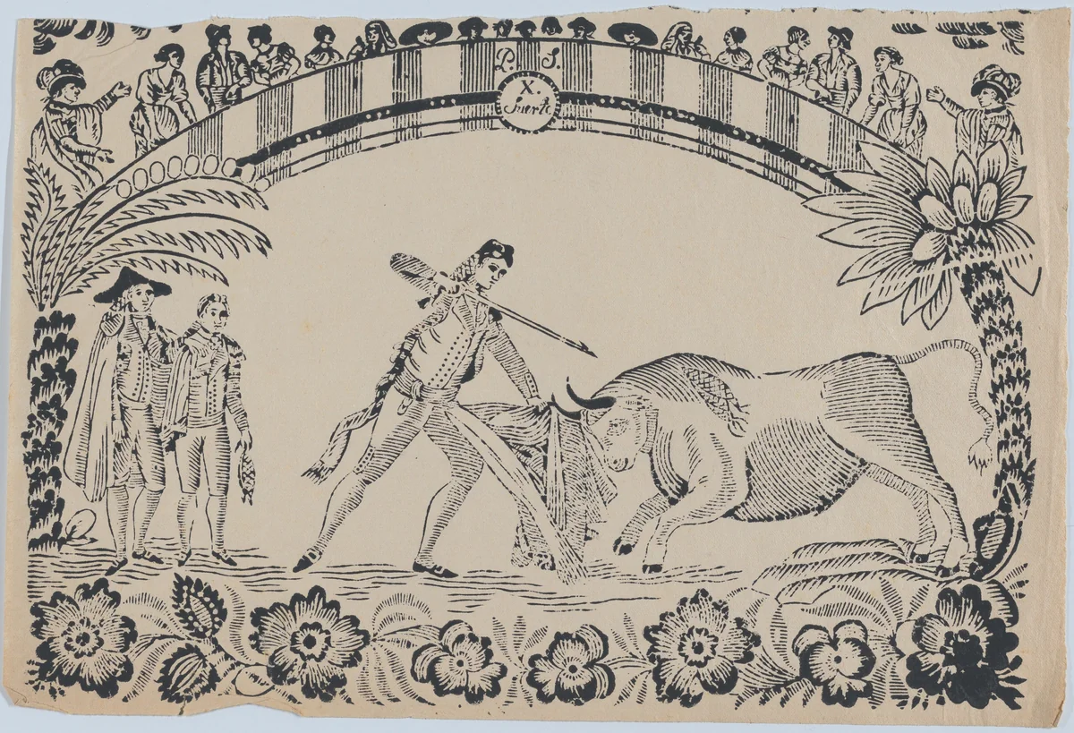 Suerte X: A torero prepares to stab the bull by anonymous, print, 1845-1855