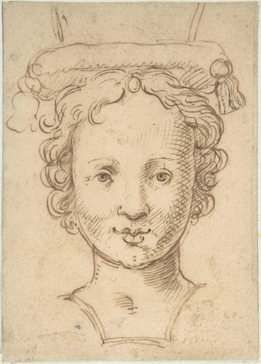 Head of a Young Woman, a Probable Finial for Fountain or other Type of Waterwork by anonymous, drawing, 1500-1600