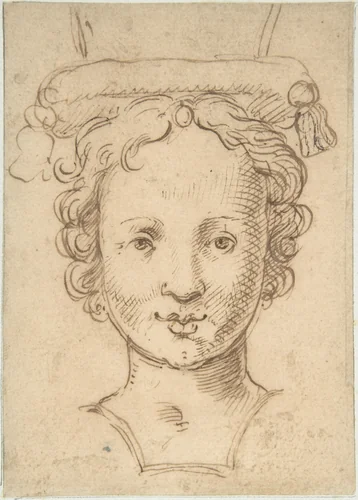 Head of a Young Woman, a Probable Finial for Fountain or other Type of Waterwork by anonymous, drawing, 1500-1600