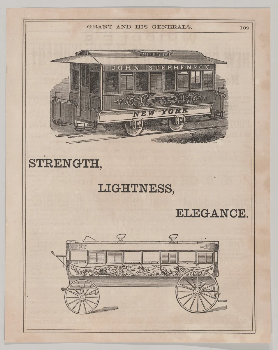 Advertisement for Street Car and Omnibus made by John Stephenson of New York by John Durand III, print, 1865