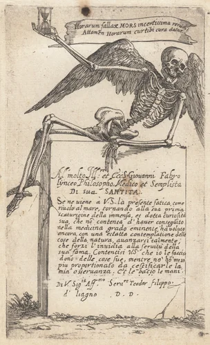 Seated Figure of Death with an Hourglass by Teodoro Filippo di Liagno, print, 1620-1621