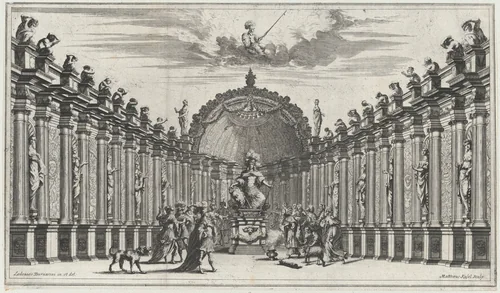 Figures worshipping the statue of an armed figure; set design from 'Il Pomo D'Oro' by Mathäus Küsel, print, 1668