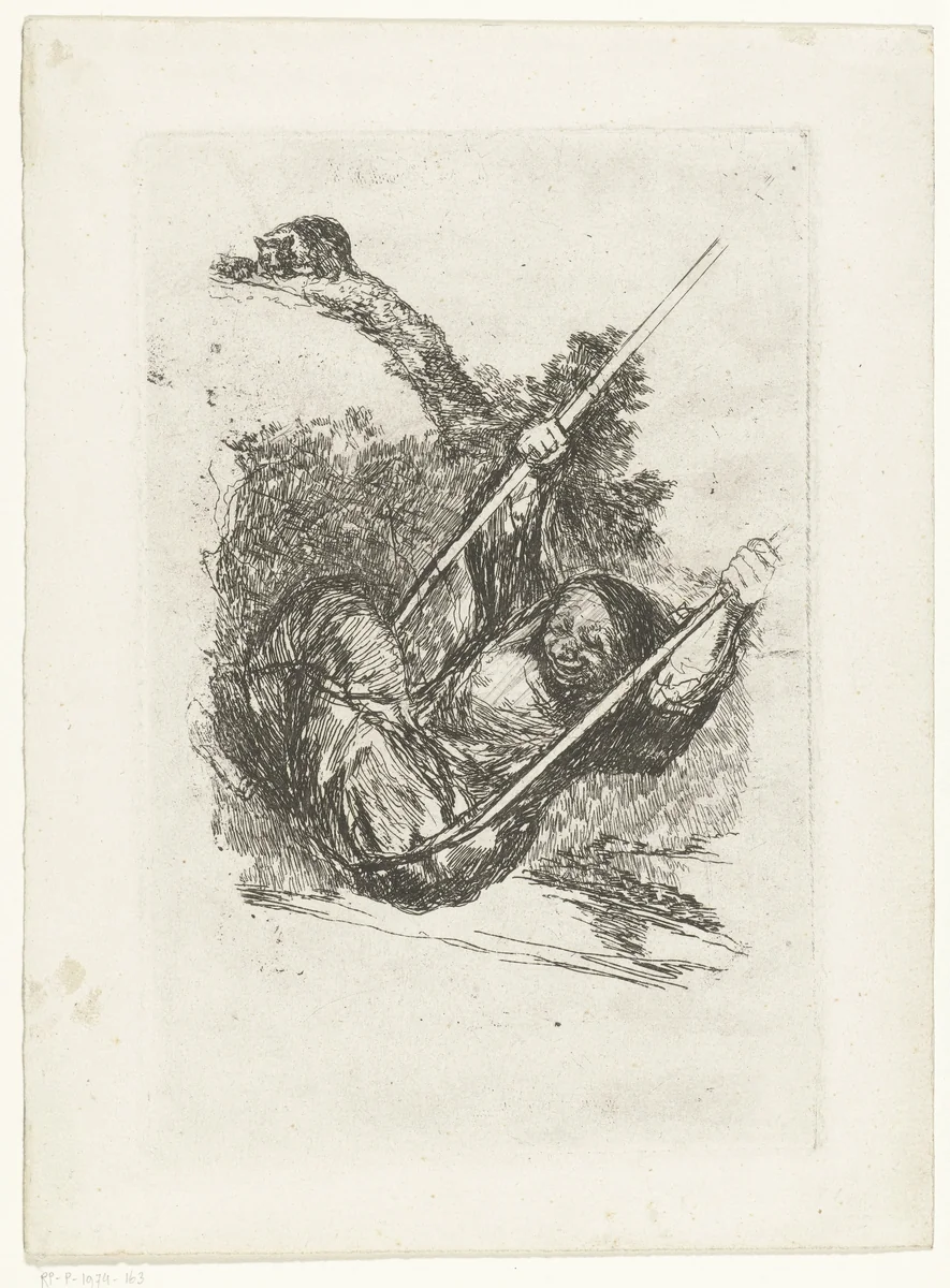 Oude vrouw op een schommel by Francisco de Goya, print, 1824-1828