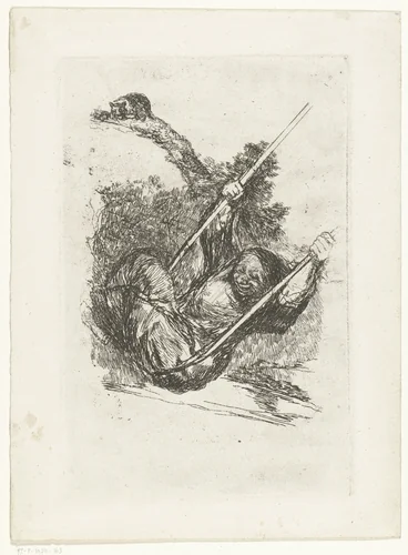 Oude vrouw op een schommel by Francisco de Goya, print, 1824-1828