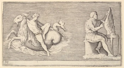 Figure on Seagoat; Man Carving Wing, from "Ex Antiquis Cameorum et Gemmae Delineata" by anonymous, print, 1599-1622