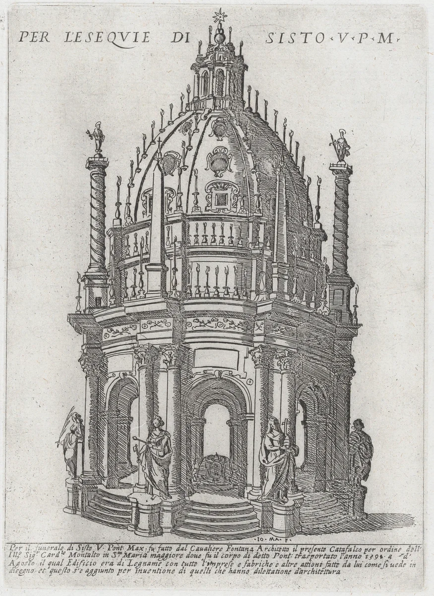 Catafalque for Pope Sixtus V; from 'Libro De Catafalchi, Tabernacoli, con varij designi di Porte fenestre et altri ornamenti di Architettura' by Giovanni Maggi, book, 1591