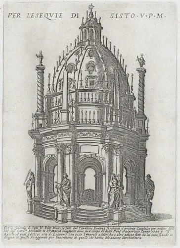 Catafalque for Pope Sixtus V; from 'Libro De Catafalchi, Tabernacoli, con varij designi di Porte fenestre et altri ornamenti di Architettura' by Giovanni Maggi, book, 1591