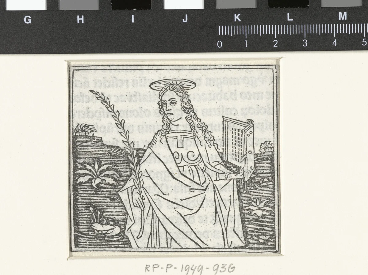 Vrouwelijke heilige met gebedenboek en palmtak by anonymous, print, 1480-1499