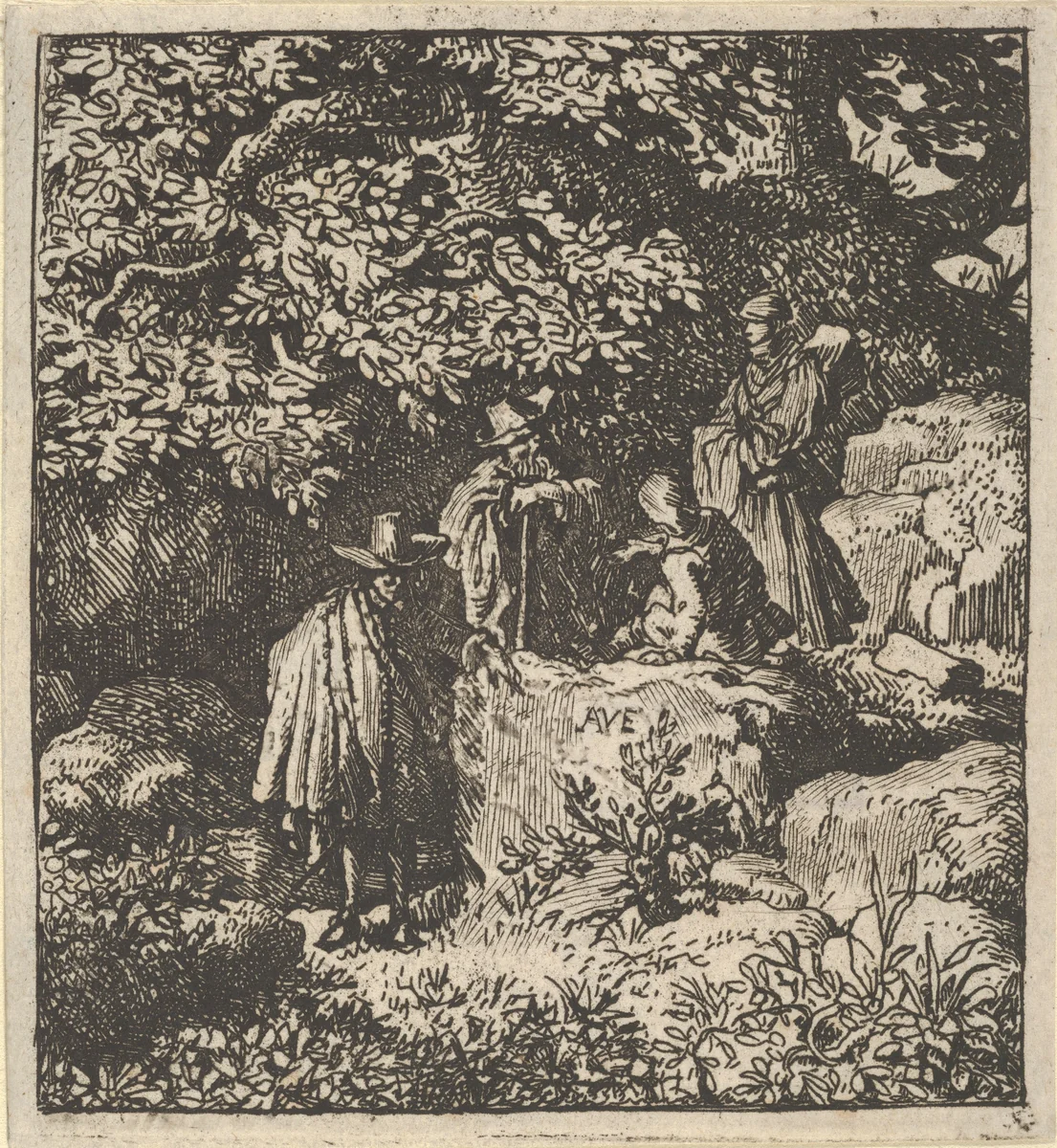 Four Figures under a Tree by Allart van Everdingen, print, 1621-1675