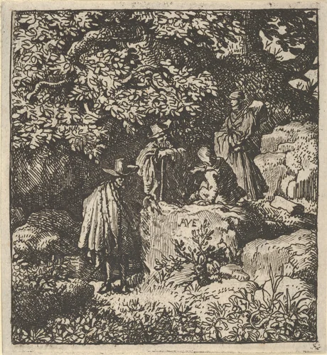 Four Figures under a Tree by Allart van Everdingen, print, 1621-1675