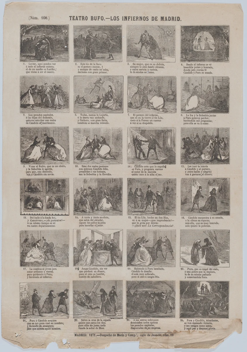 Broadside with 48 scenes relating to zarzuela(?) 'los infiernos de Madrid' by José María Marés, print, 1871