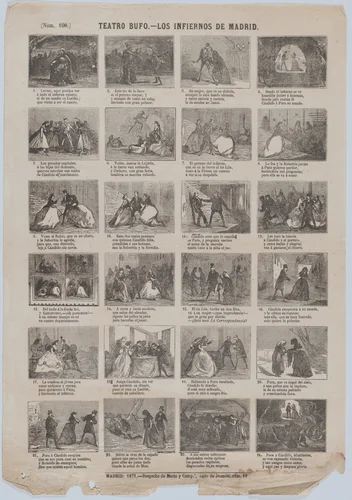 Broadside with 48 scenes relating to zarzuela(?) 'los infiernos de Madrid' by José María Marés, print, 1871