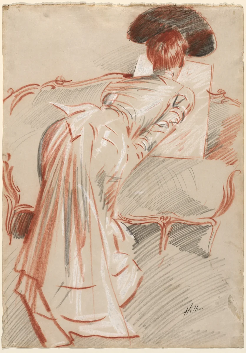 Woman (Possibly Madame Alice Hellu) Looking at a Drawing by Paul César Helleu, drawing, 1890-1900
