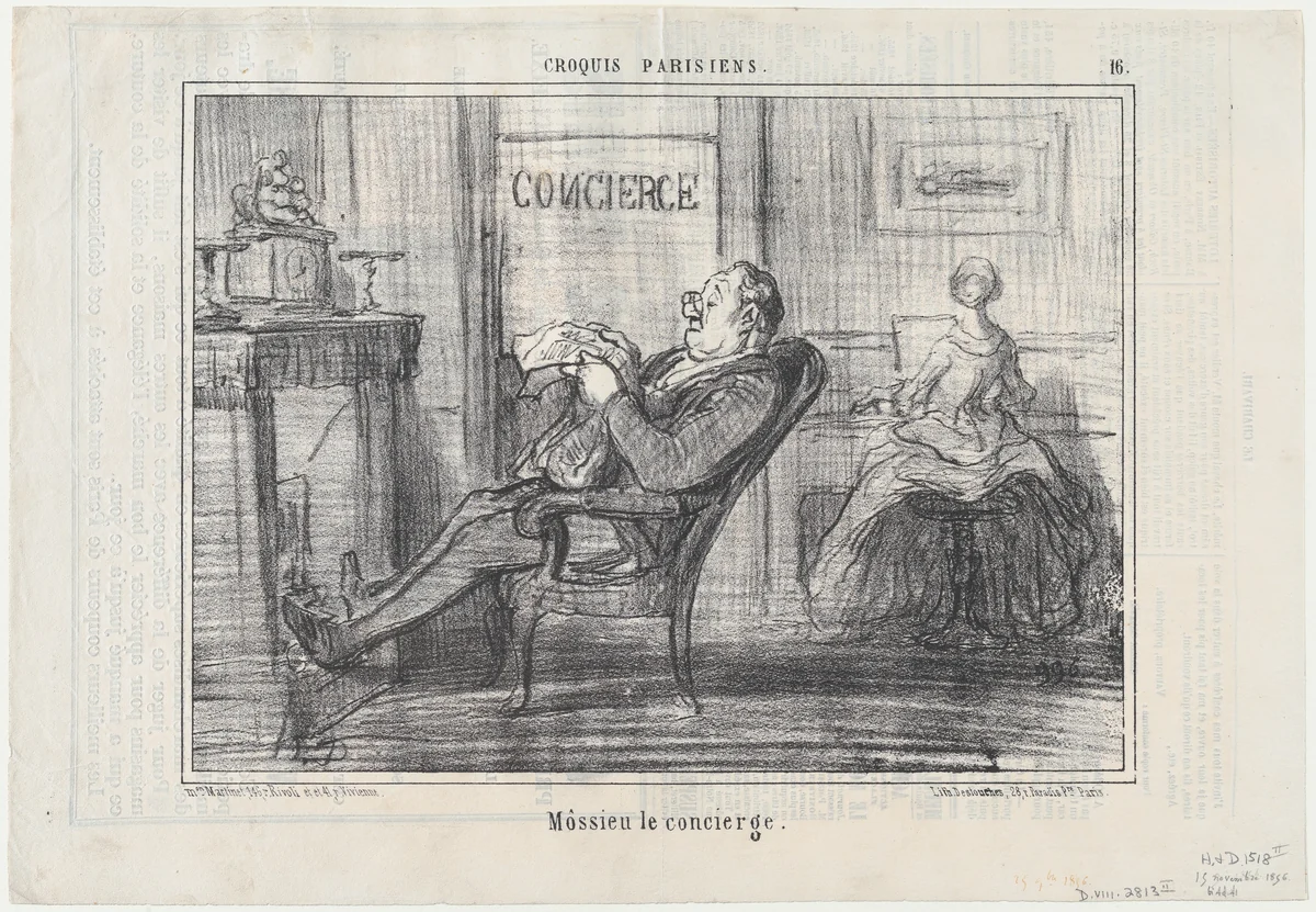 Môssieu le concierge, from Croquis Parisiens, published in Le Charivari, November 25, 1856 by Honoré Daumier, print, 1856