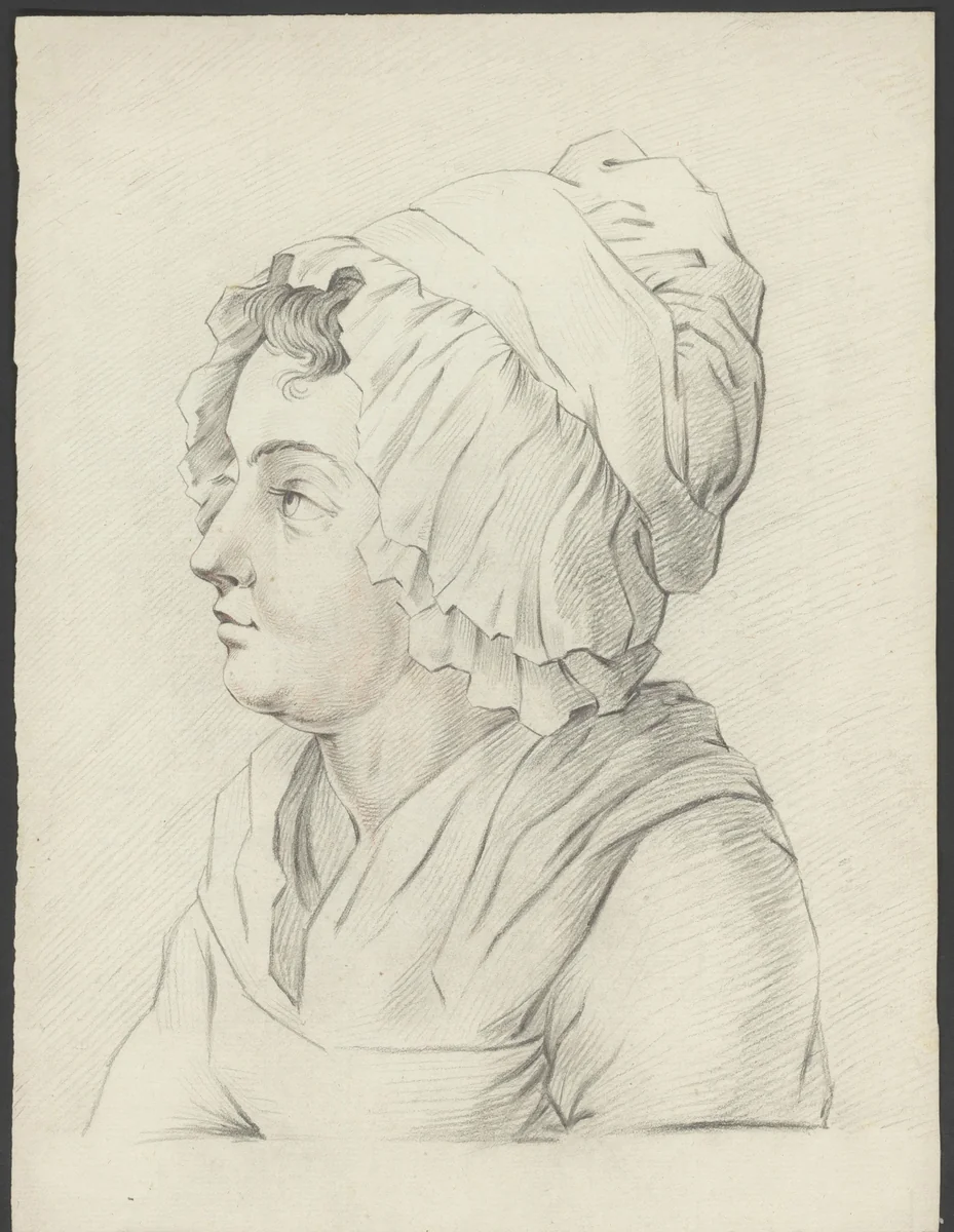 Gezicht van een vrouw met muts by anonymous, drawing, 1800-1899