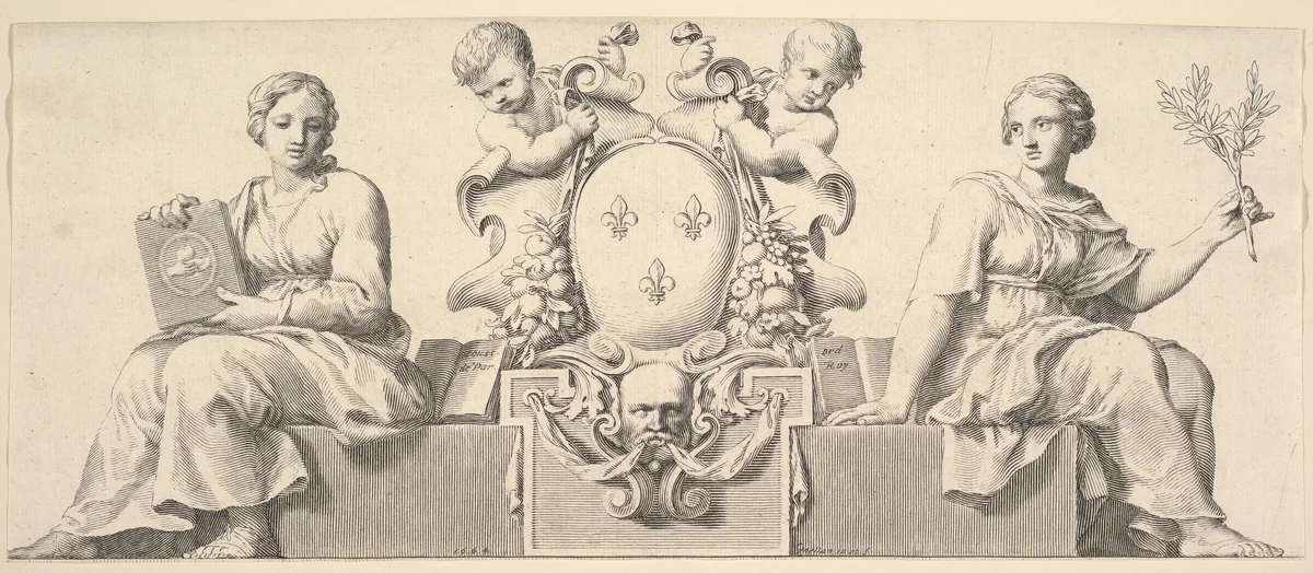 The Arms of France Accompanied by Personifications of Law and Good Faith by Claude Mellan, print, 1664