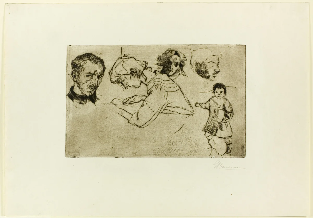 Sketches of Four Heads and a Child by Umberto Boccioni, print, 1907