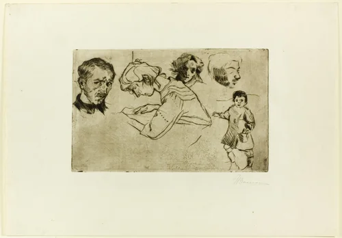 Sketches of Four Heads and a Child by Umberto Boccioni, print, 1907