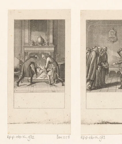 Friedrich II en Voltaire redden het blijspel uit het vuur by Daniel Nikolaus Chodowiecki, print, 1788