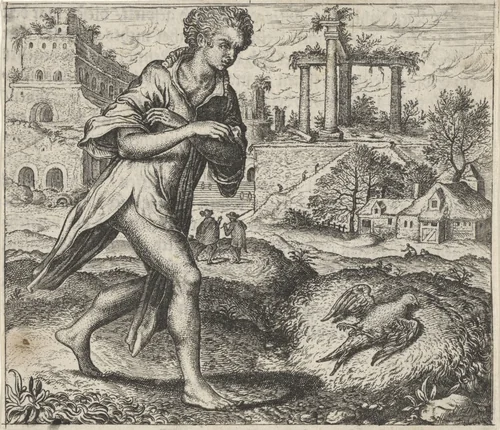 Fabel van de jongeman en de zwaluw by Aegidius Sadeler, print, 1608