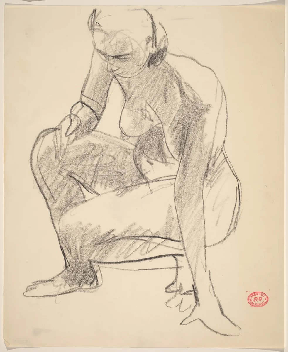Untitled [crouching nude balancing herself on her left hand] by Richard Diebenkorn, drawing, 1955-1967