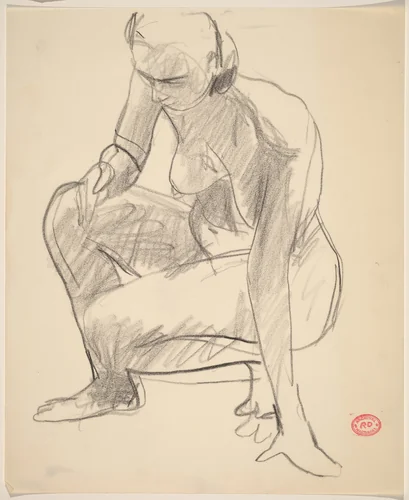 Untitled [crouching nude balancing herself on her left hand] by Richard Diebenkorn, drawing, 1955-1967