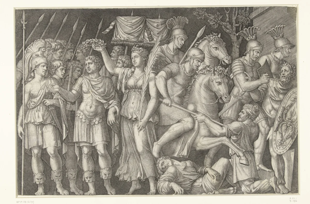 Keizer Trajanus gekroond door Victoria staat naast vrouwelijke personificatie van Rome en Romeinen in gevecht met Daciërs by Unknown, print, 1520-1525