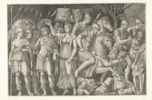 Keizer Trajanus gekroond door Victoria staat naast vrouwelijke personificatie van Rome en Romeinen in gevecht met Daciërs by Unknown, print, 1520-1525