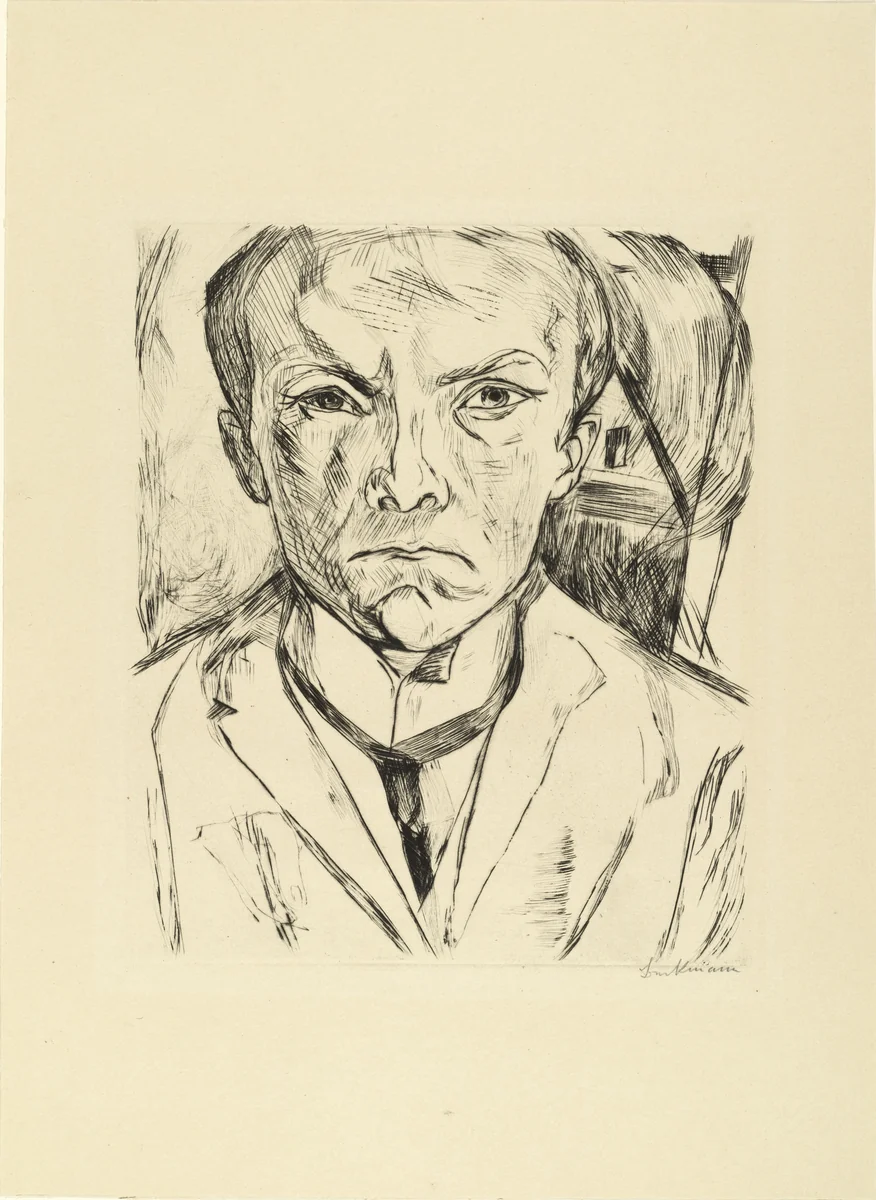 Frontal Self-Portrait with House Gable in Background (Selbstbildnis von vorn, im Hintergrund Hausgiebel) by Max Beckmann, print, 1918