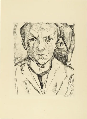 Frontal Self-Portrait with House Gable in Background (Selbstbildnis von vorn, im Hintergrund Hausgiebel) by Max Beckmann, print, 1918