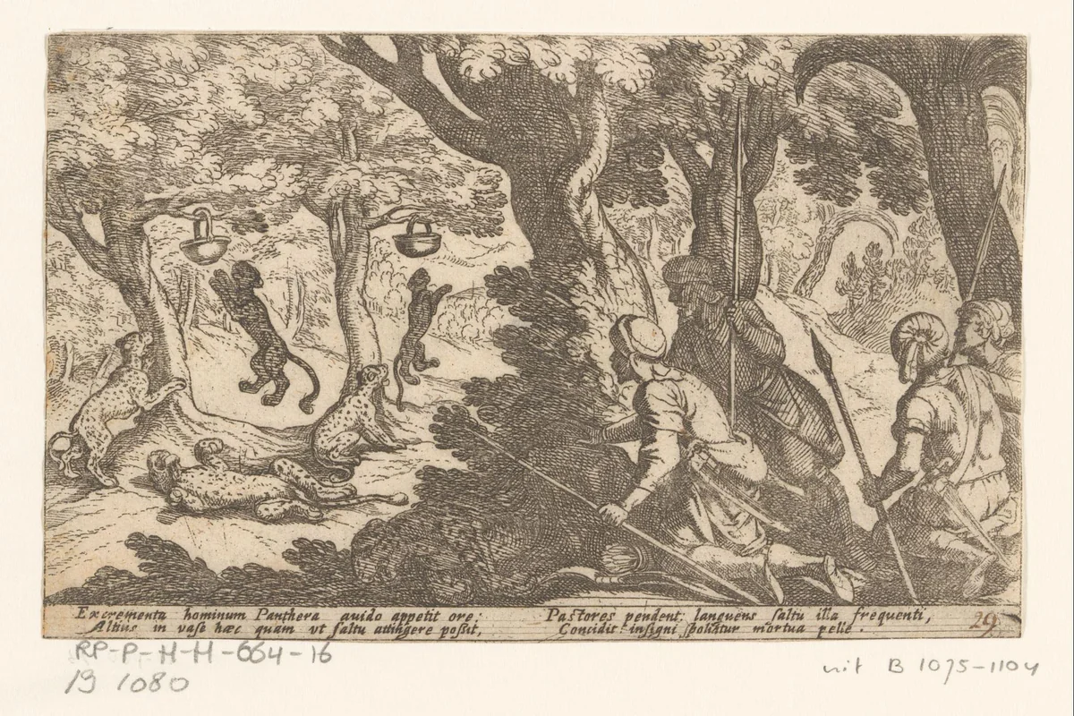 Jagers vangen luipaarden by Antonio Tempesta, print, 1605
