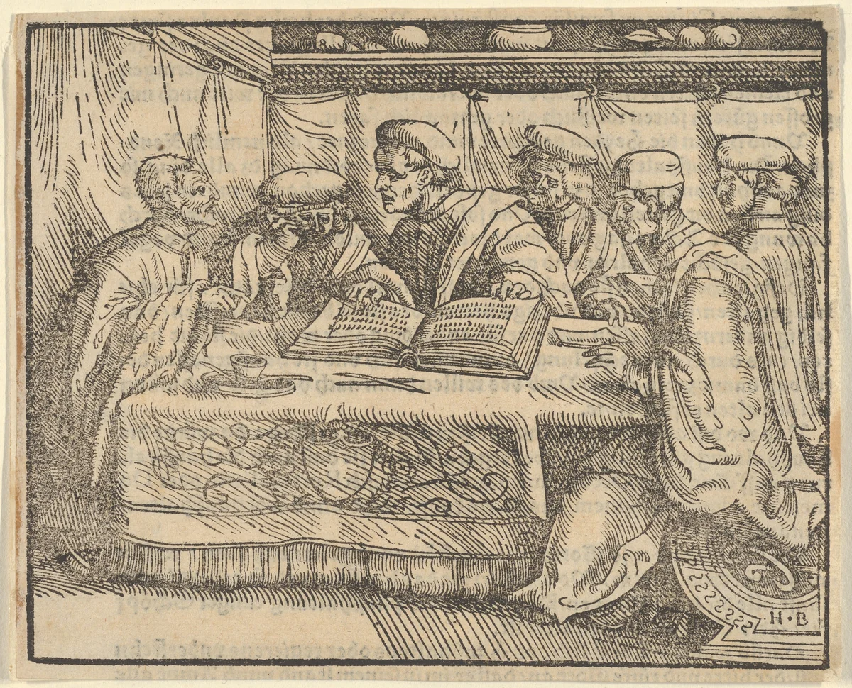 Six Scholars Sitting Around a Table by Hans Burgkmair, print, 1522