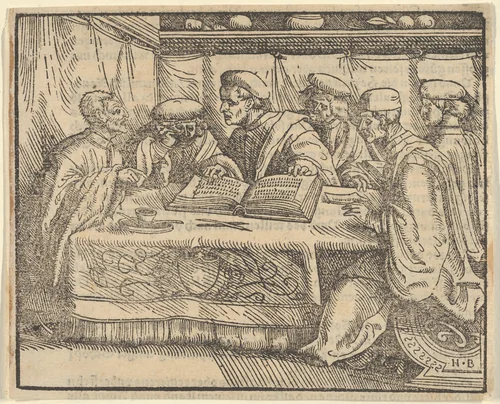 Six Scholars Sitting Around a Table by Hans Burgkmair, print, 1522