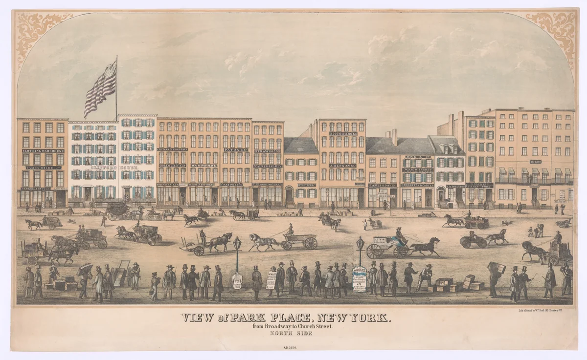 View of Park Place, New York, from Broadway to Church Street, North Side, A.D. 1854 by William Boell, print, 1854