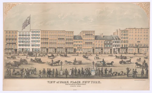View of Park Place, New York, from Broadway to Church Street, North Side, A.D. 1854 by William Boell, print, 1854