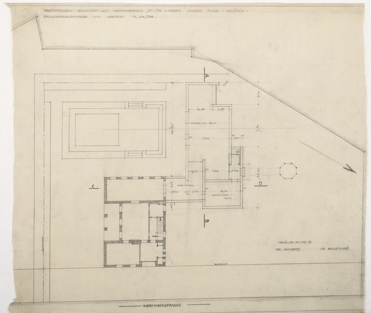 Fuchs Addition to Perls House, Berlin-Zehlendorf, Germany, Ground floor plan by Ludwig Mies van der Rohe, mies van der rohe archive, 1928