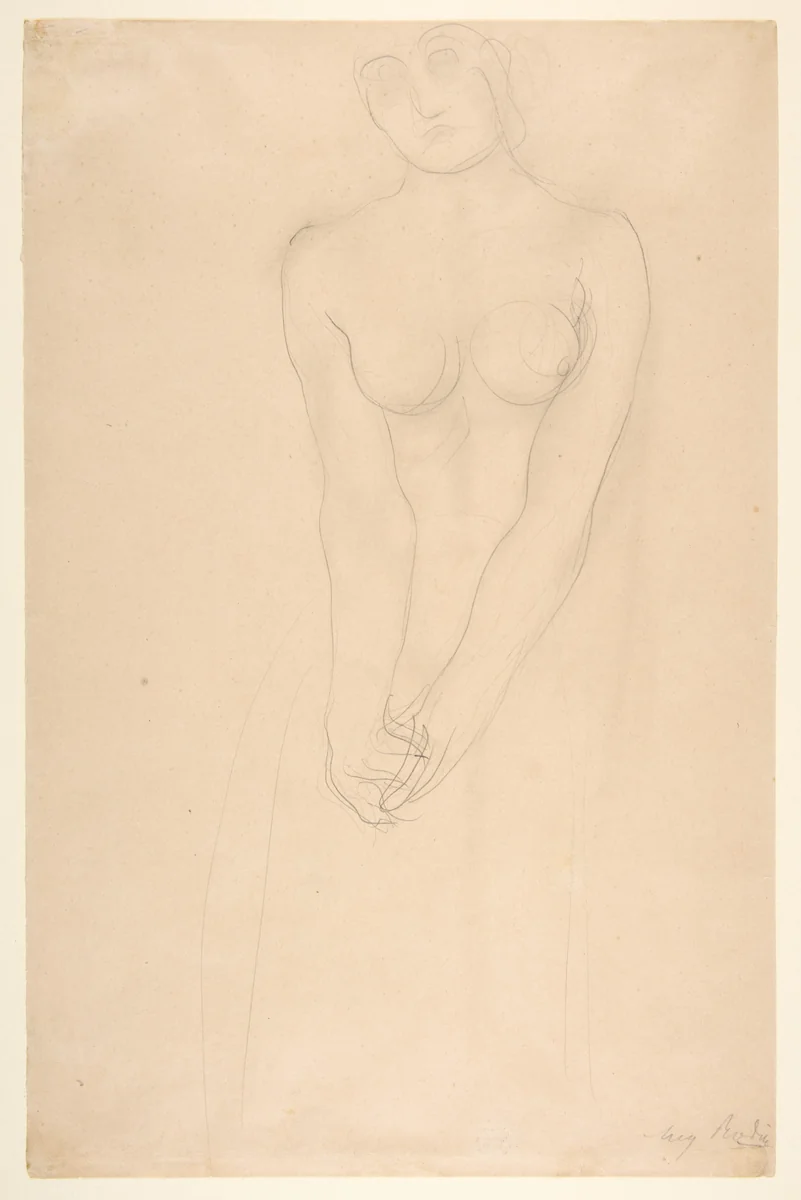 Nude female figure standing with clasped hands by Auguste Rodin, drawing, 1865-1917