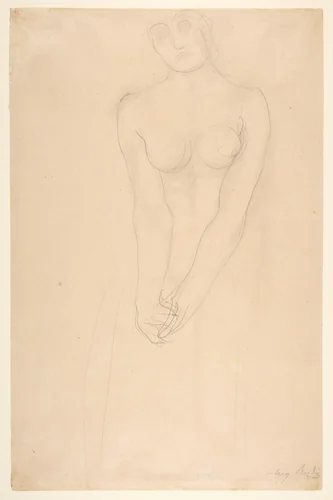 Nude female figure standing with clasped hands by Auguste Rodin, drawing, 1865-1917