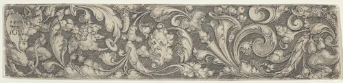 Frieze with Tendrils Growing from a Plant at Right and a Satyr Holding a Shield with the Artist's Monogram by Heinrich Aldegrever, print, 1532