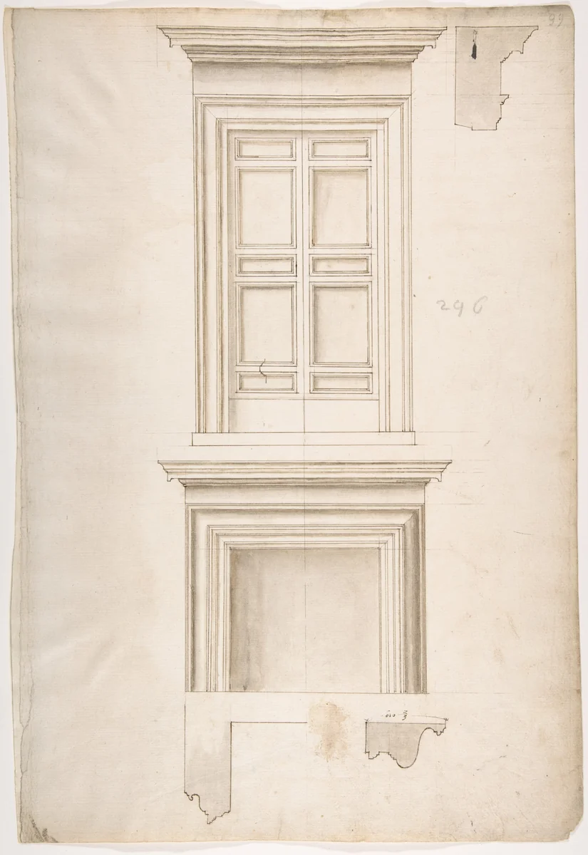 Unidentified, portal, elevation; portal, cornice, profile; fireplace, elevation (recto) blank (verso) by anonymous, drawing, 1500-1560