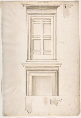 Unidentified, portal, elevation; portal, cornice, profile; fireplace, elevation (recto) blank (verso) by anonymous, drawing, 1500-1560