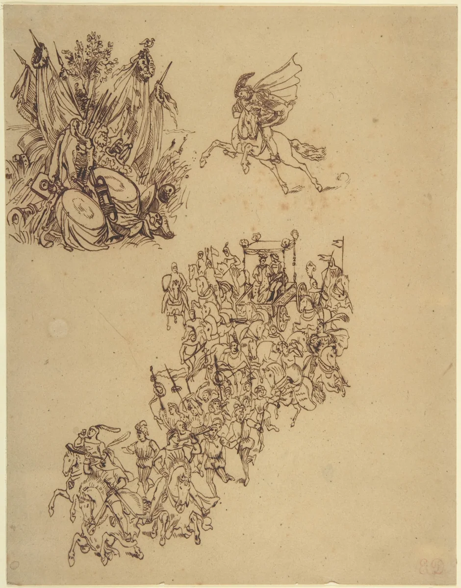 Sheet of Studies: A Marriage Procession in Sixteenth-Century Dress; a Cavalier; and a Trophy of Arms by Eugène Delacroix, drawing, 1798-1863